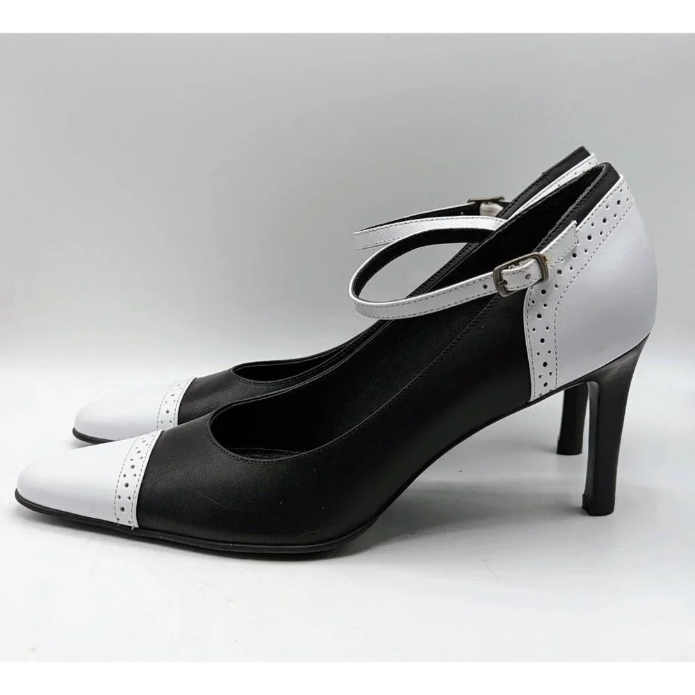 Ralph Lauren Belinda Pumps Heels 7 B Pointed Toe Black & White Brazil Leather - Picture 2 of 7